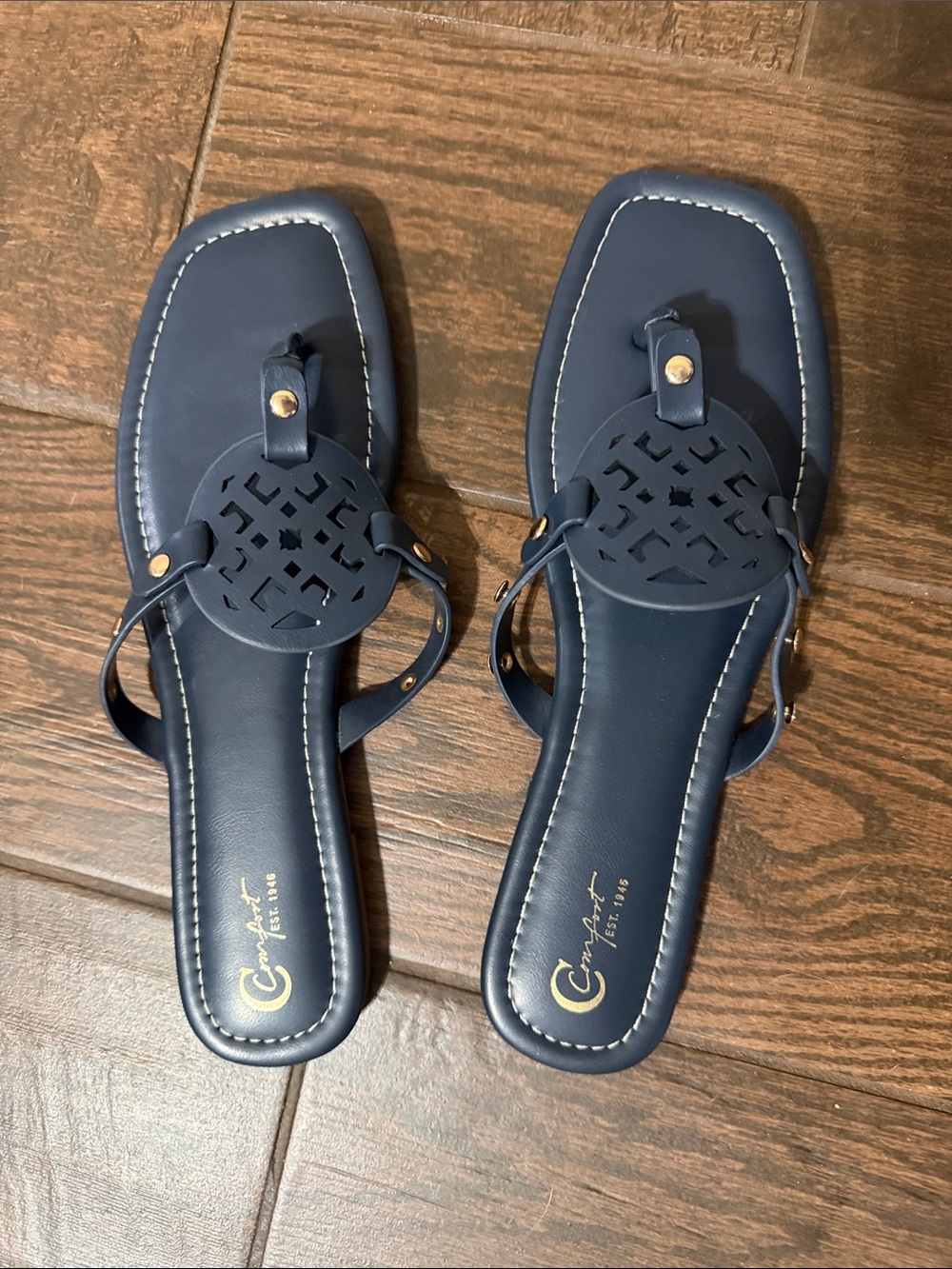 comfort plus by Predictions Navy Decorative Cutout Thong Sandals - Women's